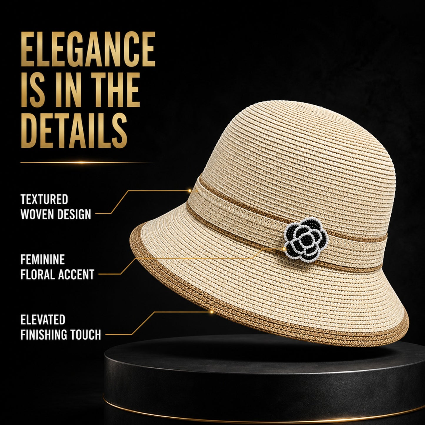 Women's Floral Accent Straw Sun Hat – Elegant Wide Brim Summer Beach Hat for Vacation, Travel, Garden & Resort Wear