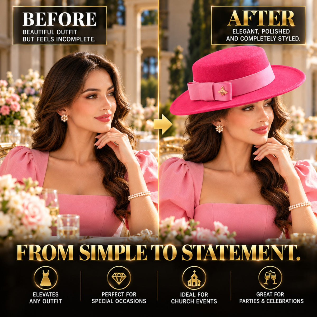 Women's Elegant Fedora Hat with Bow & Bee Ornament, Flat Top Wide Brim Formal Wedding Church Party Fashion Hat