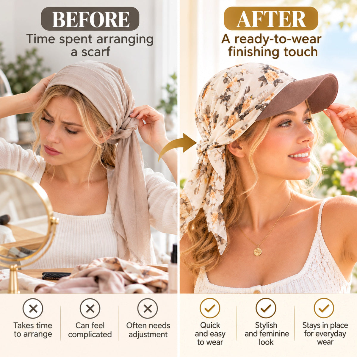 Women's Floral Print Pre-Tied Headscarf Sun Visor Hat, Lightweight Chiffon Baseball Cap with Long Scarf Tails, Chemo Head Cover