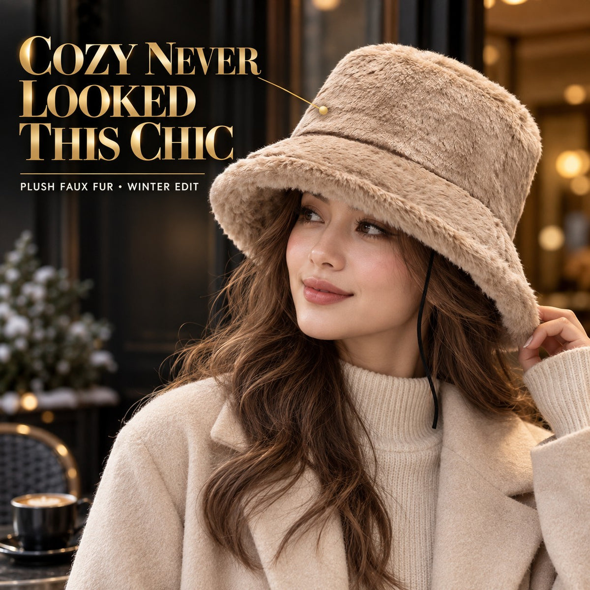 Faux Fur Bucket Hat for Women, Plush Winter Fuzzy Hat with Wide Brim & Adjustable Chin Cord, Cozy Korean-Inspired Cold Weather Hat