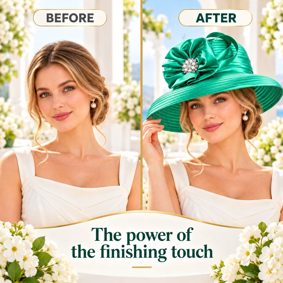 Women's Emerald Green Satin Church Hat with Crystal Ribbon Bow – Elegant Derby, Wedding & Bridal Occasion Hat