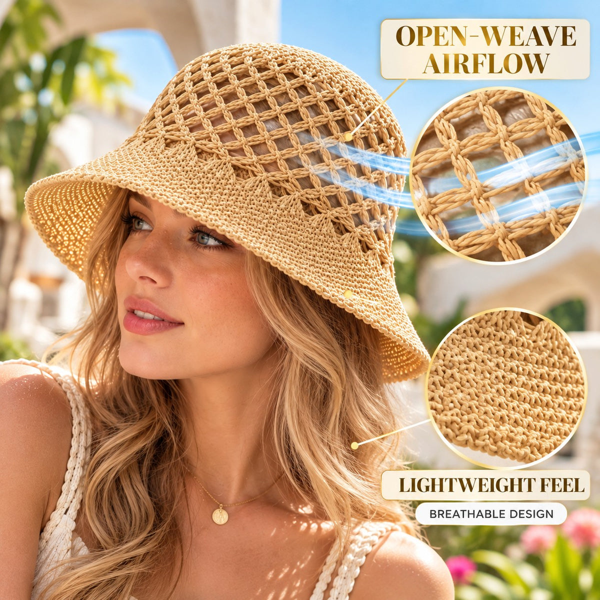Women's Crochet Bucket Hat, Woven Mesh Sun Hat, Lightweight Summer Hat for Beach Vacation, Streetwear & Resort Style