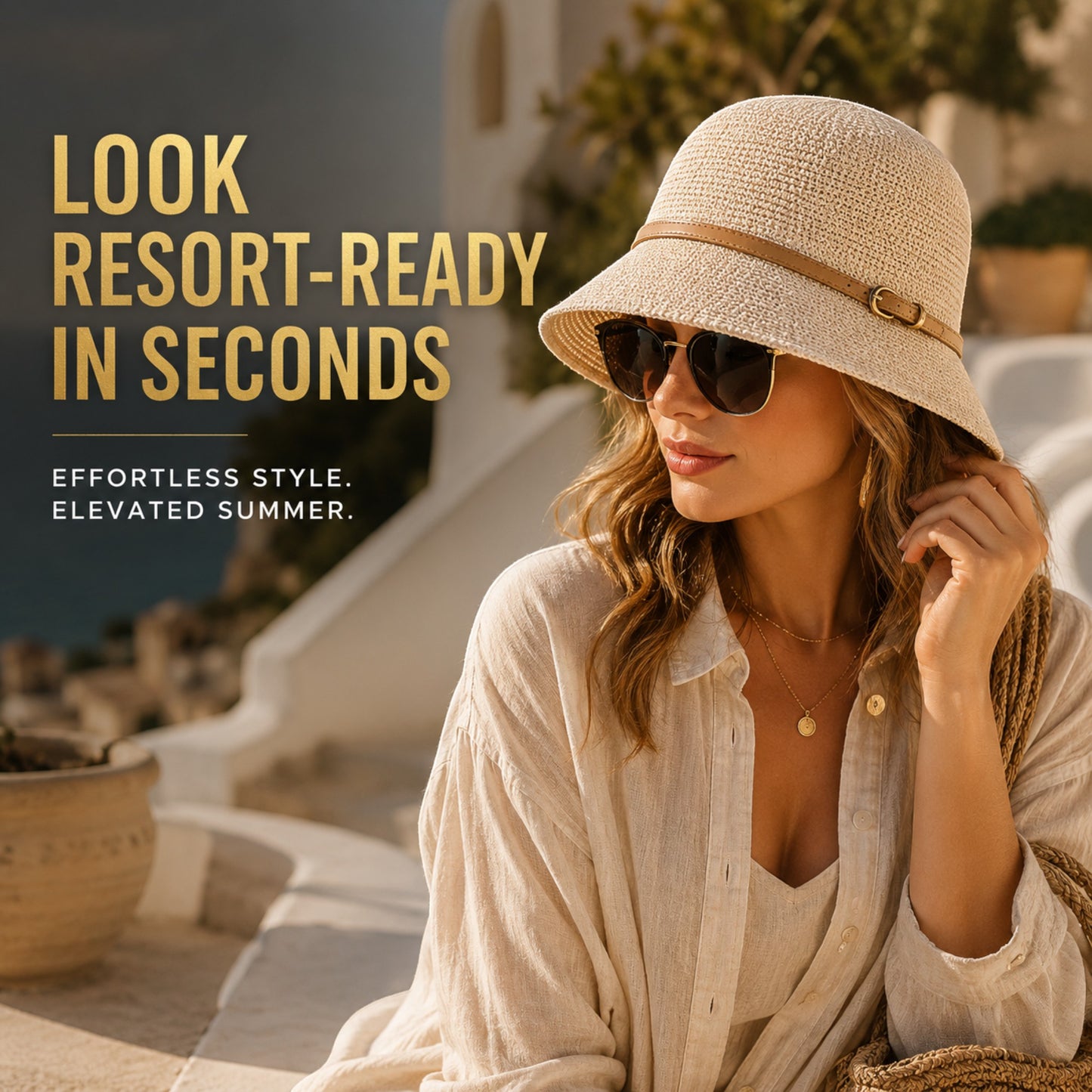 Women's Woven Straw Bucket Sun Hat with Adjustable Buckle Band, Lightweight Wide Brim Vacation Beach Travel Hat