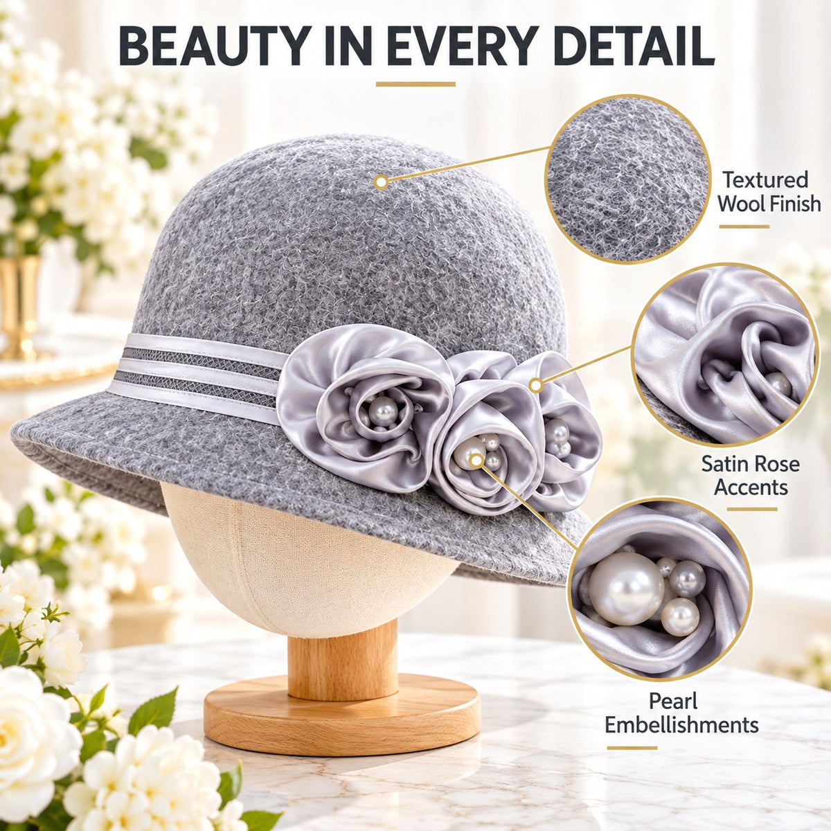 Women's Wool Church Hat with Satin Rose Blossoms & Pearl Details | Elegant Autumn Winter Formal Hat