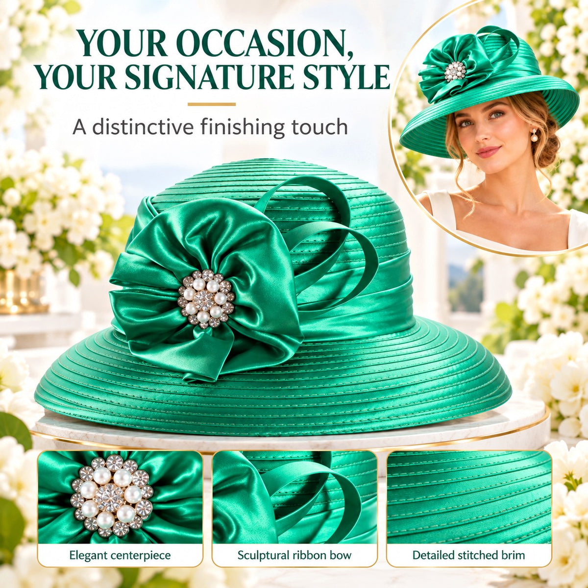 Women's Emerald Green Satin Church Hat with Crystal Ribbon Bow – Elegant Derby, Wedding & Bridal Occasion Hat