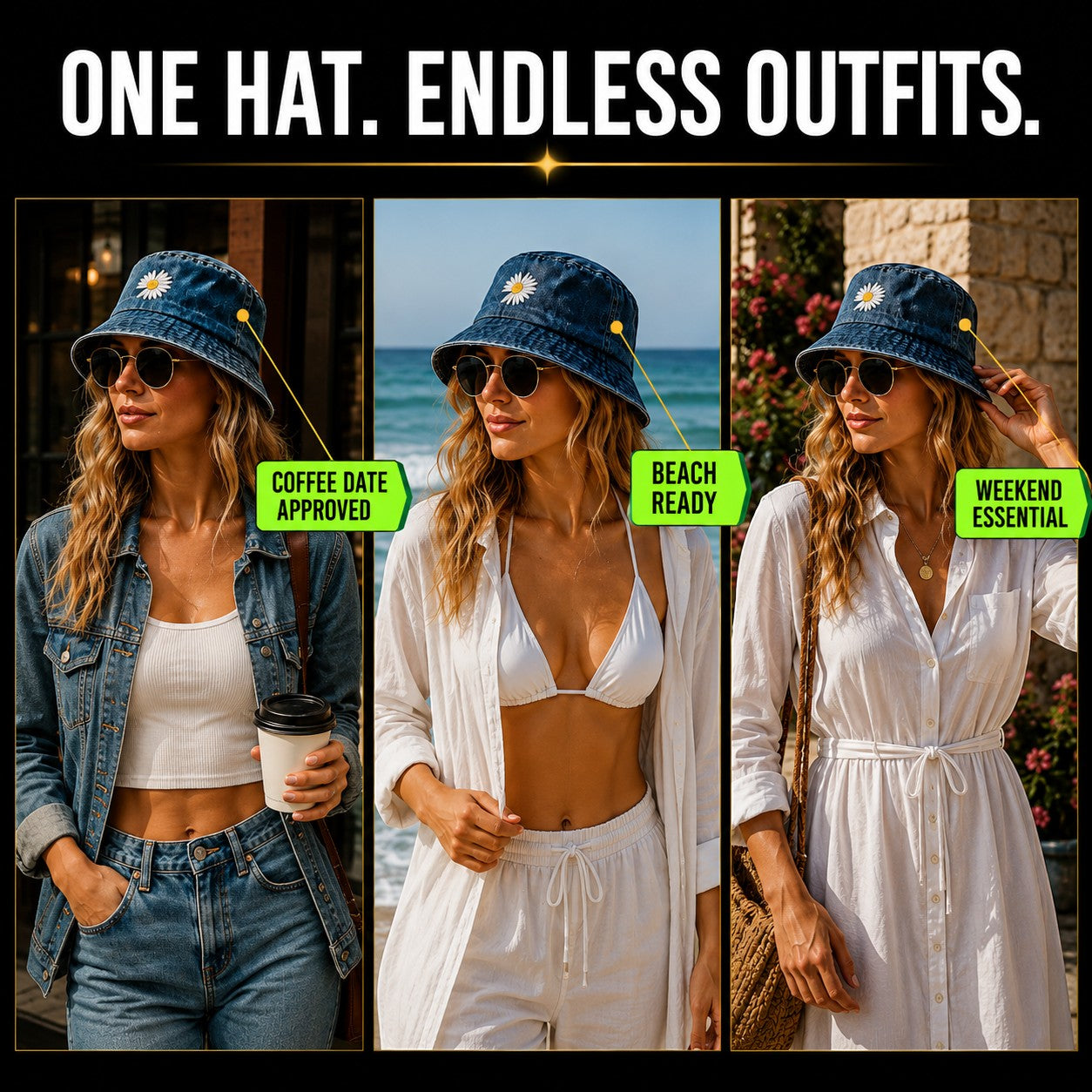 Vintage Daisy Denim Bucket Hat for Women | Cottagecore Floral Sun Hat | Cute Casual Summer Fisherman's Cap