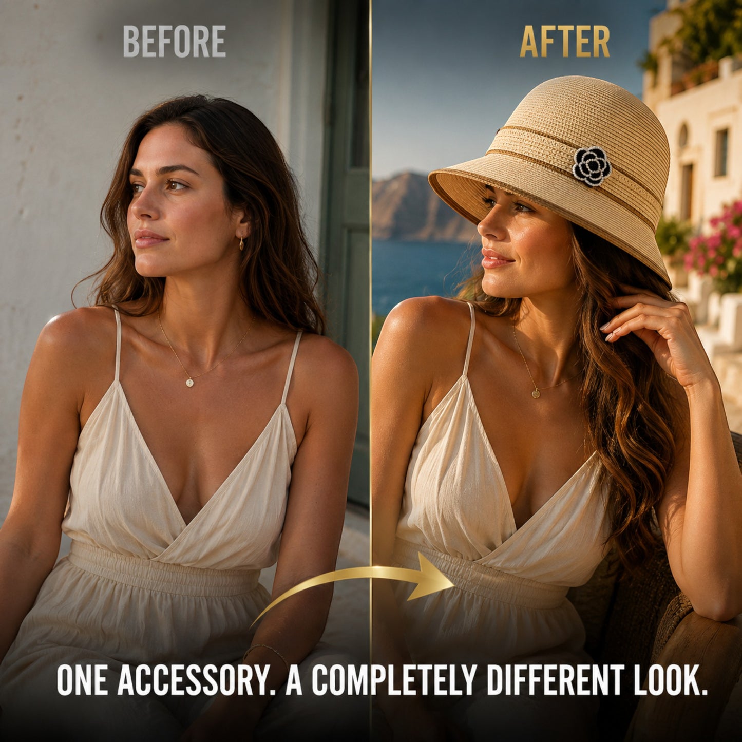 Women's Floral Accent Straw Sun Hat – Elegant Wide Brim Summer Beach Hat for Vacation, Travel, Garden & Resort Wear