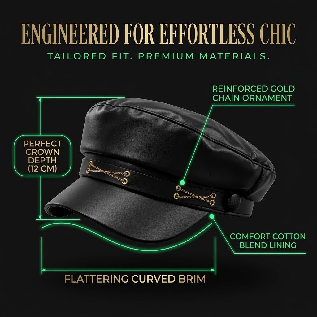Premium Black Vegan Leather Baker Boy Hat with Gold Chain Detailing | Effortless Parisian Chic Newsboy Cap for Women&nbsp;