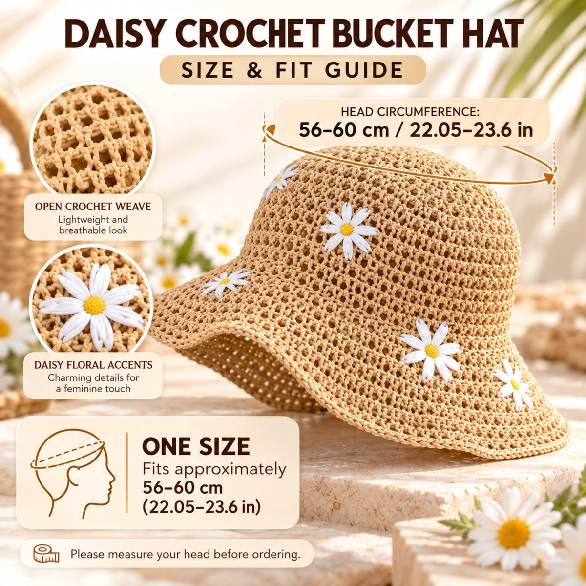 Women's Daisy Crochet Bucket Hat, Beige Straw-Style Summer Sun Hat with Floral Details, Cute Beach Vacation Hat