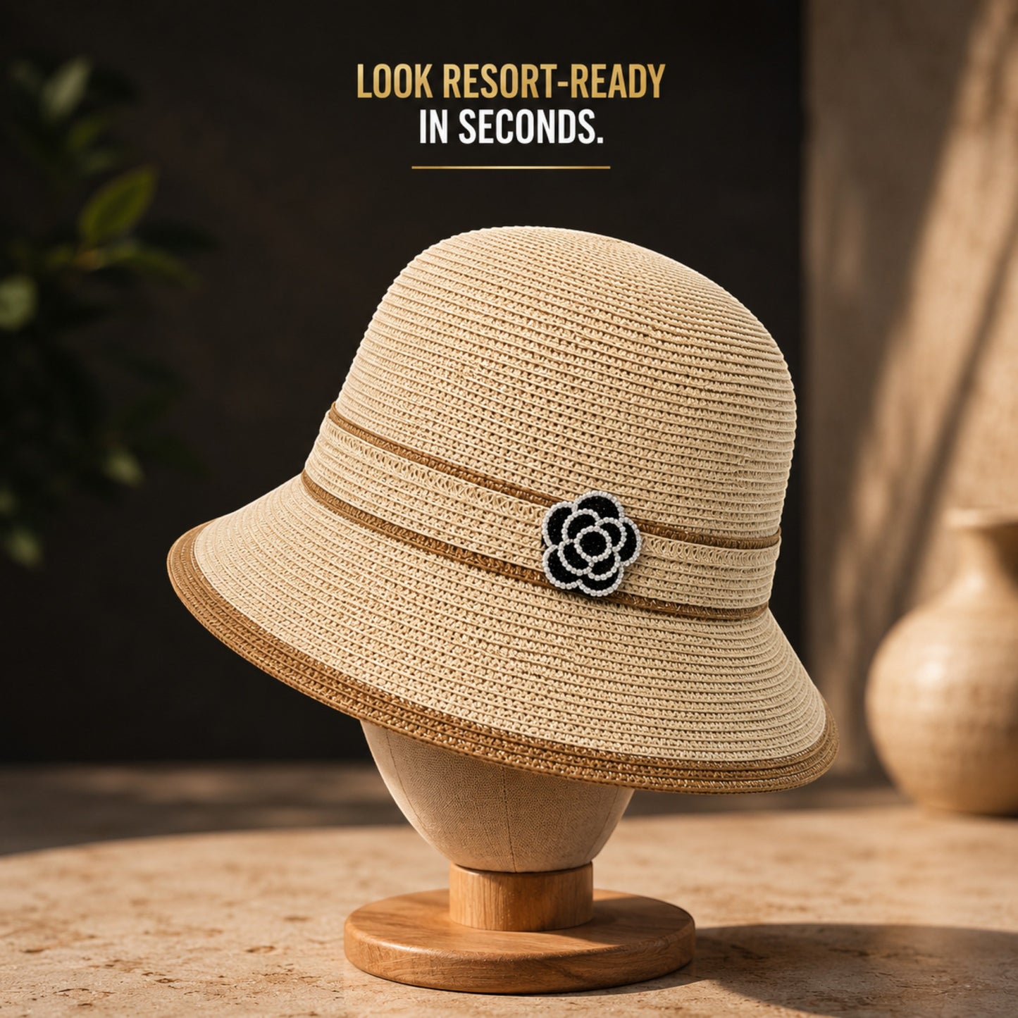 Women's Floral Accent Straw Sun Hat – Elegant Wide Brim Summer Beach Hat for Vacation, Travel, Garden & Resort Wear