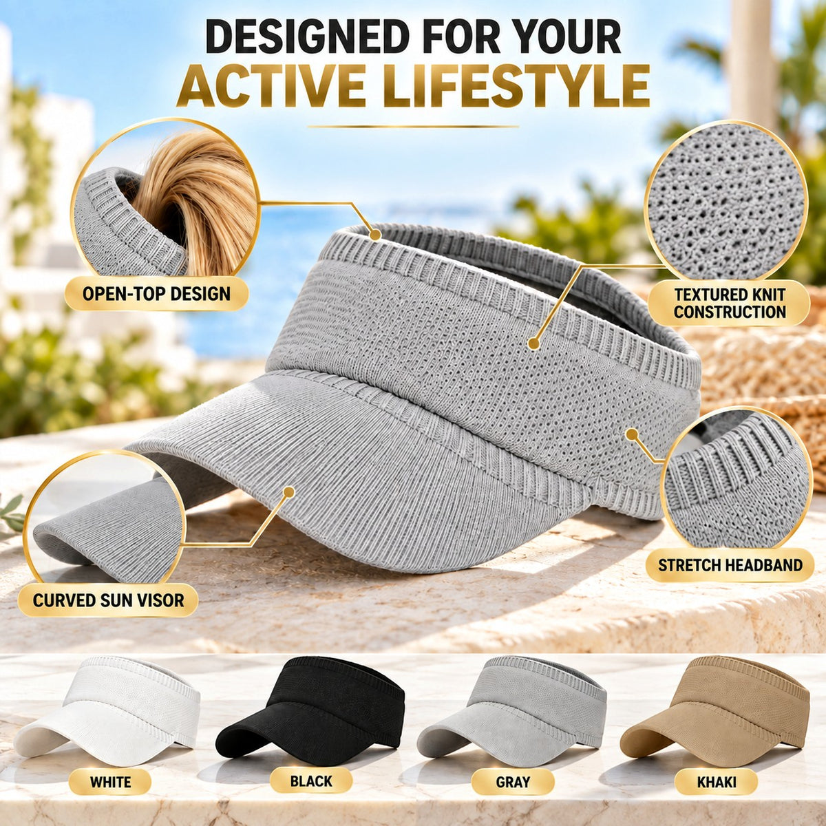 Women’s Knit Sun Visor Hat for Ponytail – Open Top Lightweight Sports Golf Tennis Summer Beach Visor Cap