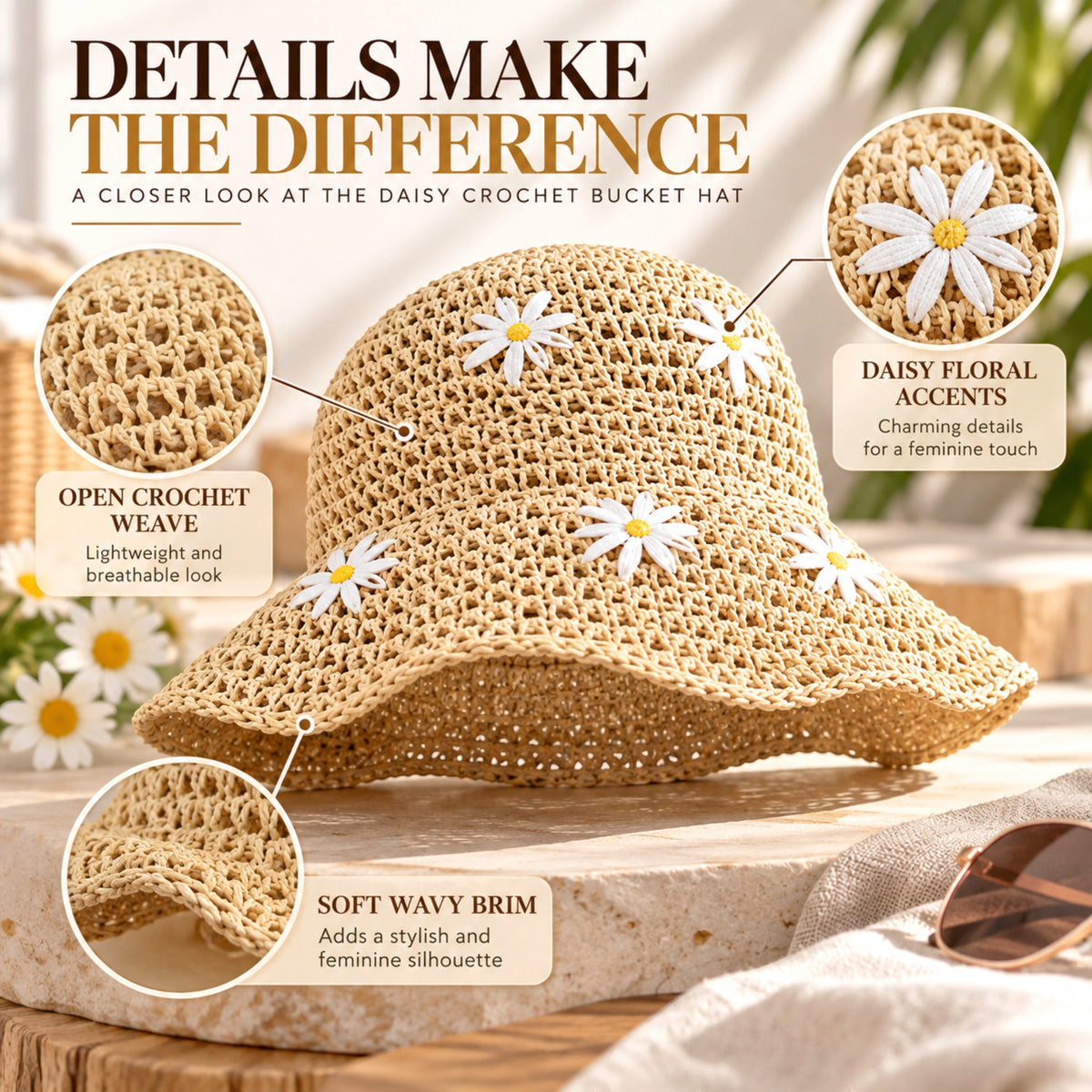 Women's Daisy Crochet Bucket Hat, Beige Straw-Style Summer Sun Hat with Floral Details, Cute Beach Vacation Hat