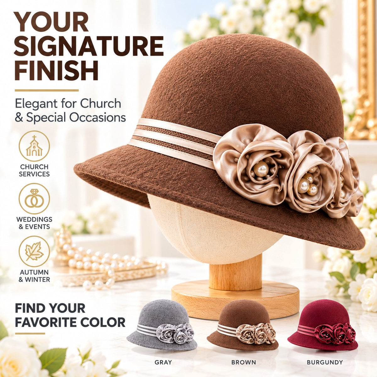Women's Wool Church Hat with Satin Rose Blossoms & Pearl Details | Elegant Autumn Winter Formal Hat