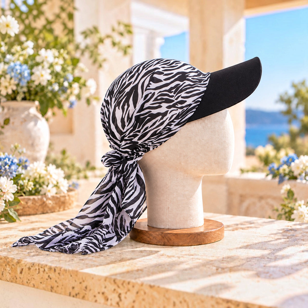 Women's Floral Print Pre-Tied Headscarf Sun Visor Hat, Lightweight Chiffon Baseball Cap with Long Scarf Tails, Chemo Head Cover