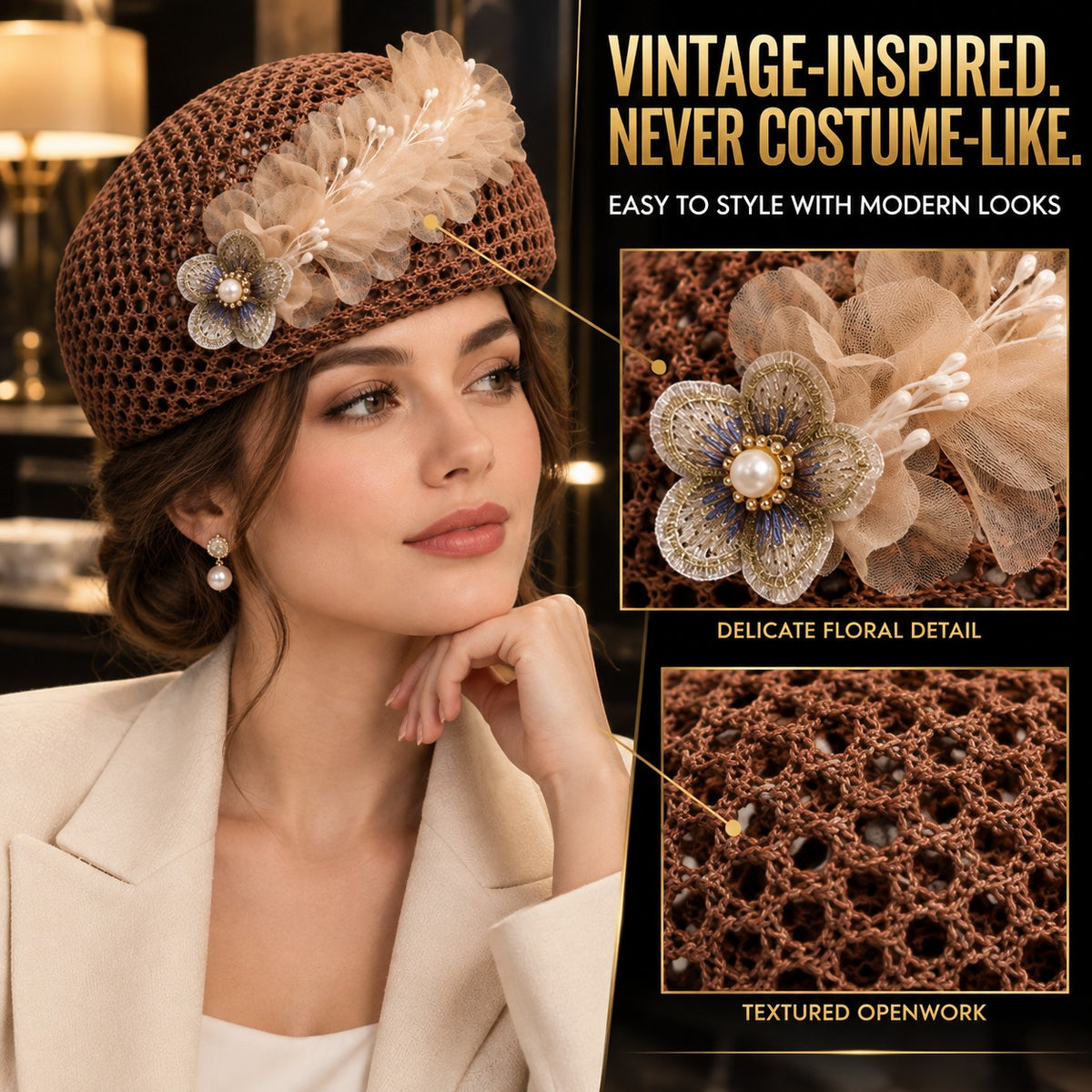 Vintage Floral Crochet Pillbox Hat for Women, Elegant Flower Headpiece, Romantic Wedding Tea Party & Special Occasion Hat