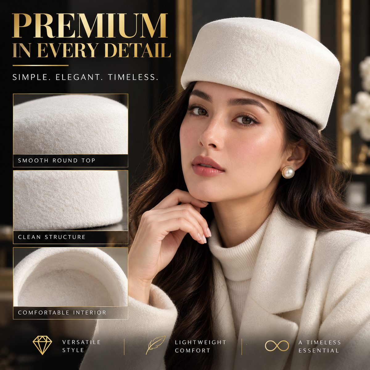 Women's Felt Pillbox Hat, Minimalist Vintage Round Top Hat, Elegant Korean Style Hat for Dresses, Coats & Chic Outfits