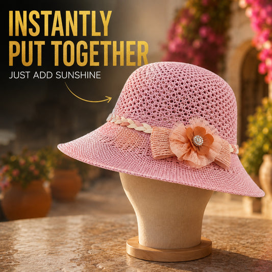 Women’s Crochet Sun Hat Wide Brim Summer Beach Hat with Floral Bow Lightweight Elegant Vacation Travel Outdoor Cap