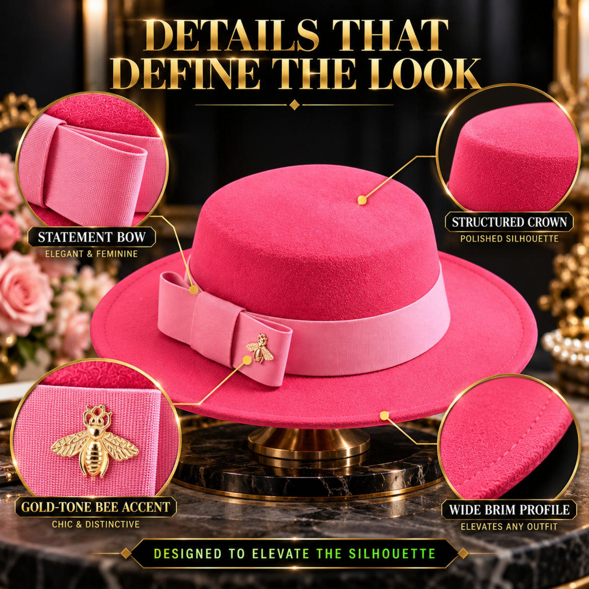 Women's Elegant Fedora Hat with Bow & Bee Ornament, Flat Top Wide Brim Formal Wedding Church Party Fashion Hat