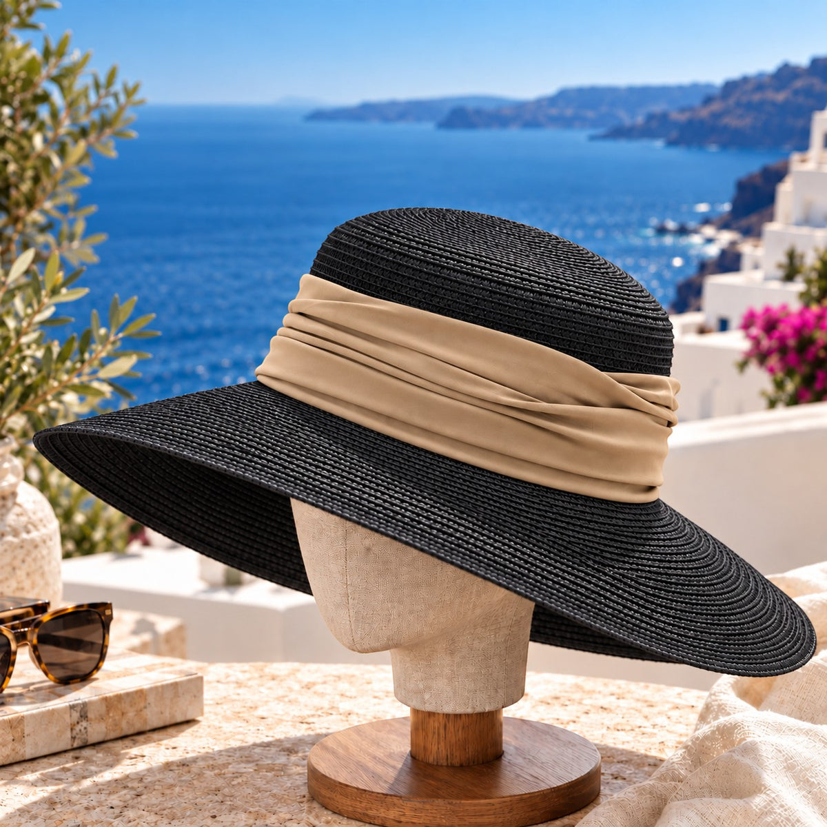 Wide Brim Straw Sun Hat for Women, Woven Resort Beach Hat with Elegant Fabric Band, Vacation Travel Summer Hat
