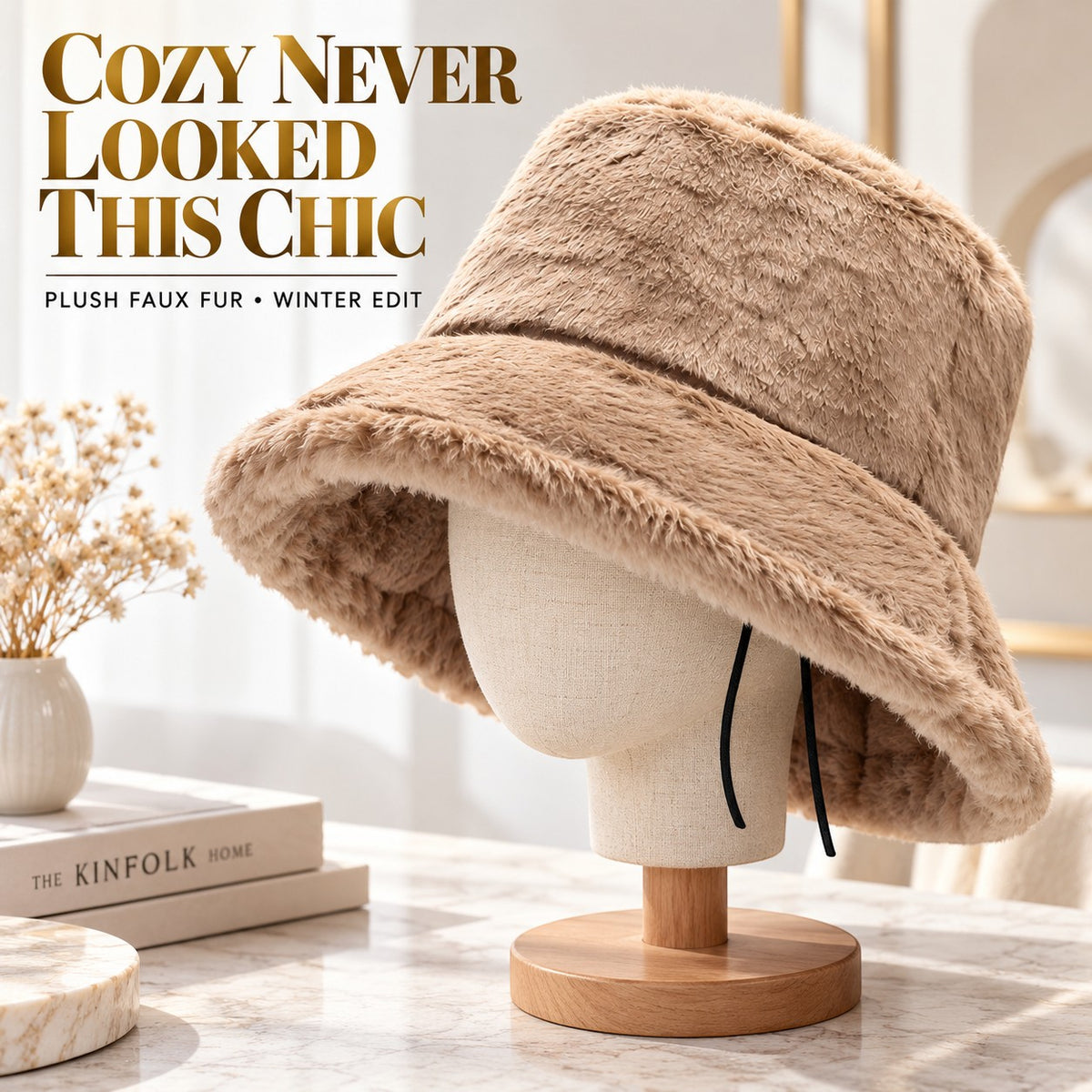 Faux Fur Bucket Hat for Women, Plush Winter Fuzzy Hat with Wide Brim & Adjustable Chin Cord, Cozy Korean-Inspired Cold Weather Hat