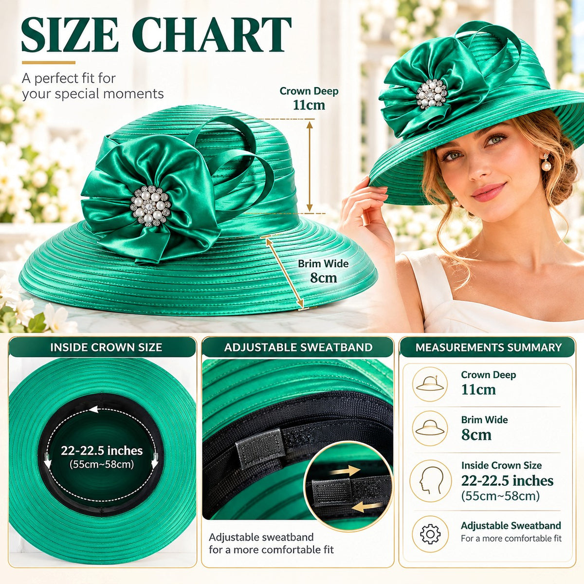 Women's Emerald Green Satin Church Hat with Crystal Ribbon Bow – Elegant Derby, Wedding & Bridal Occasion Hat