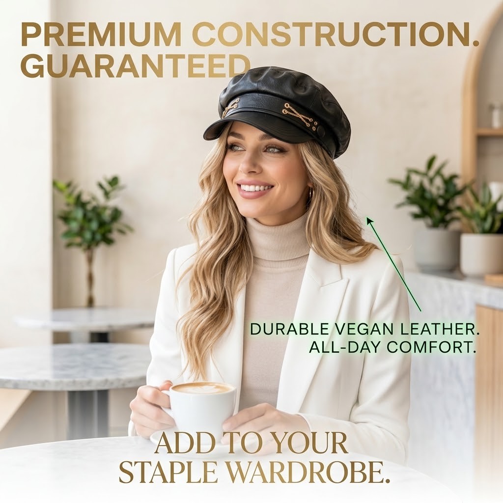 Premium Black Vegan Leather Baker Boy Hat with Gold Chain Detailing | Effortless Parisian Chic Newsboy Cap for Women&nbsp;