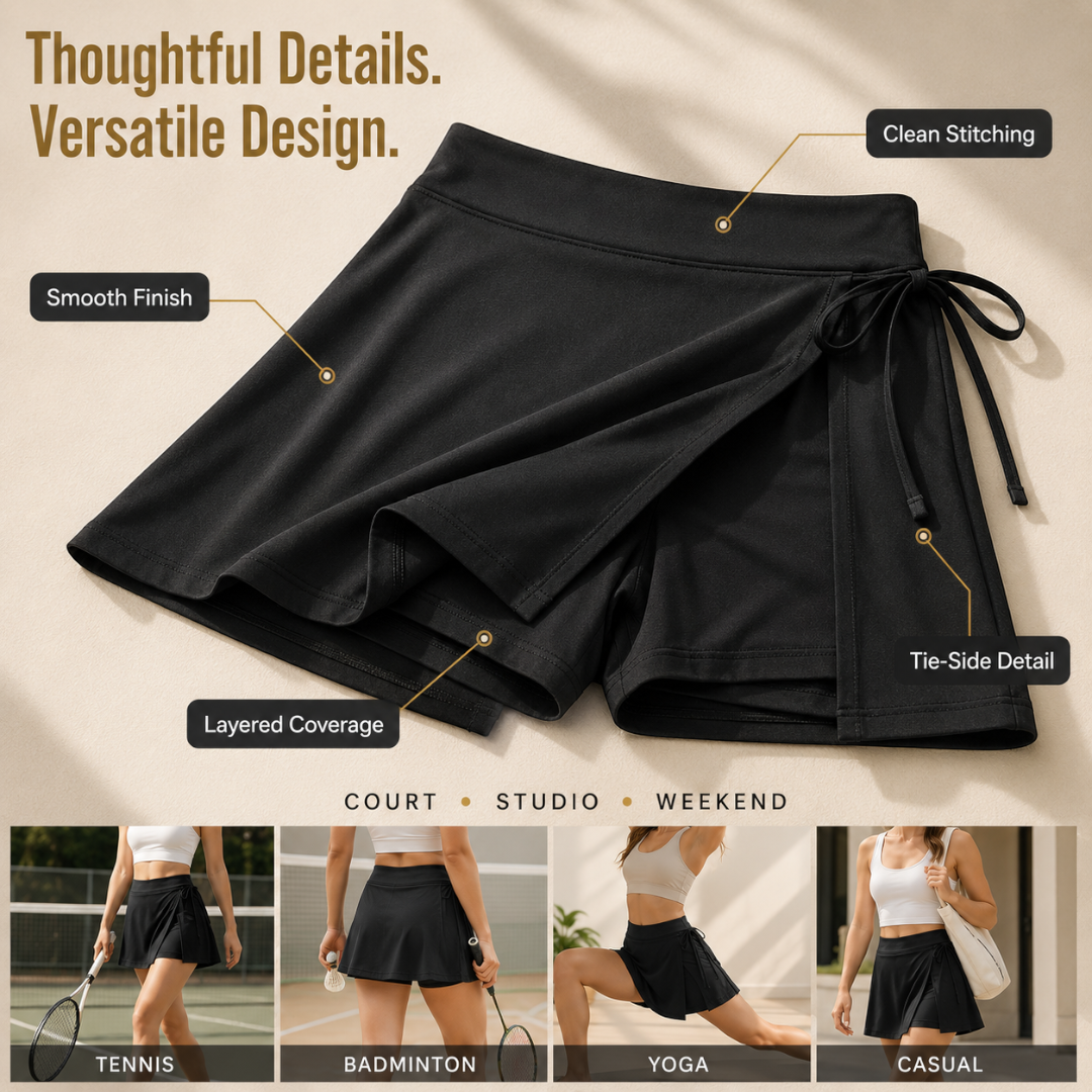 Women’s Tennis Skort | Wrap Front Sports Skirt with Built-In Shorts | Side Tie Workout Bottoms | Badminton Yoga Gym Apparel