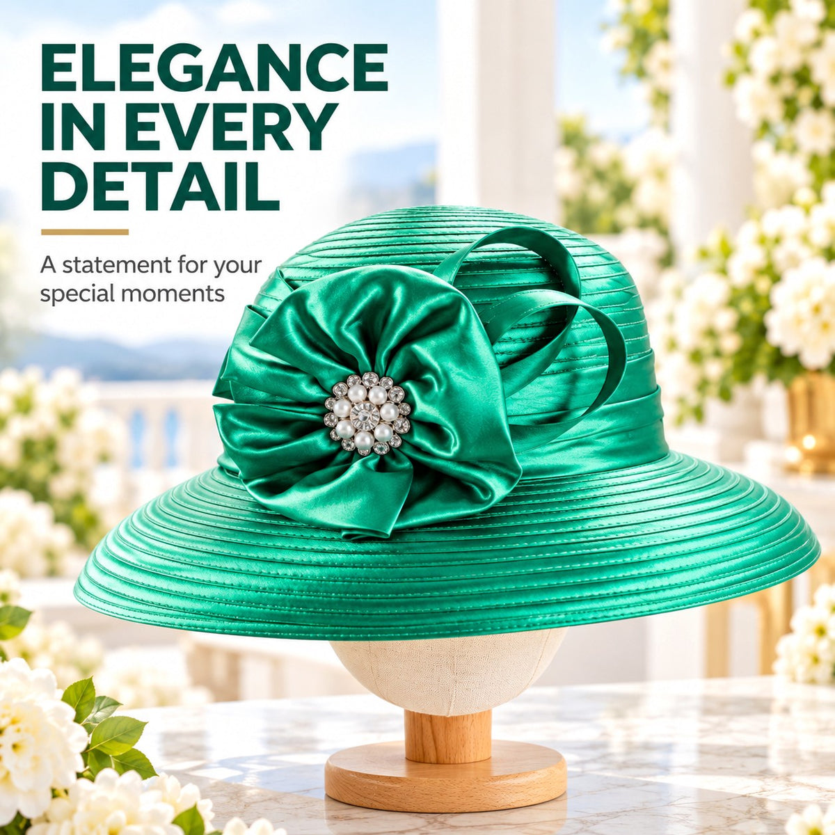 Women's Emerald Green Satin Church Hat with Crystal Ribbon Bow – Elegant Derby, Wedding & Bridal Occasion Hat