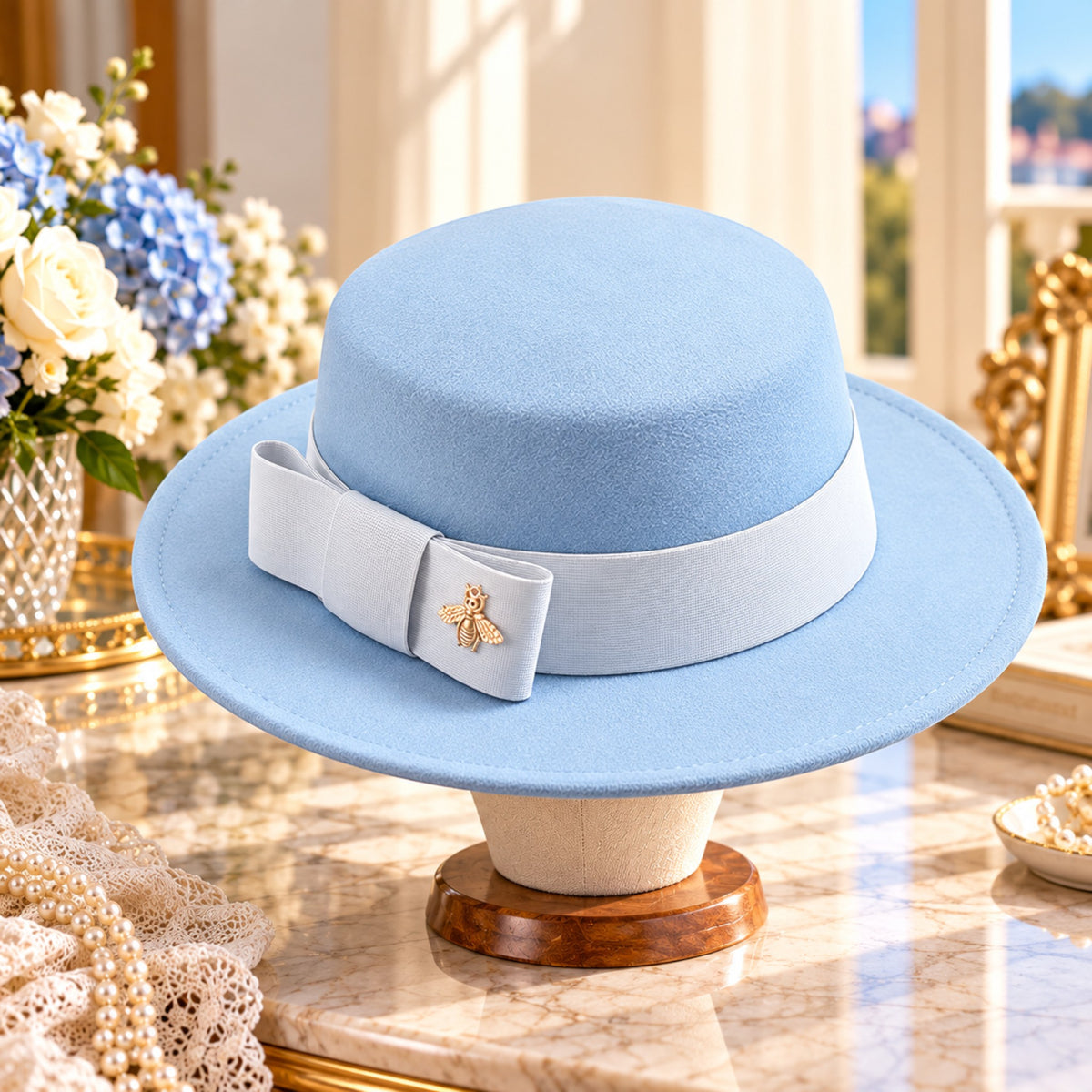 Women's Elegant Fedora Hat with Bow & Bee Ornament, Flat Top Wide Brim Formal Wedding Church Party Fashion Hat