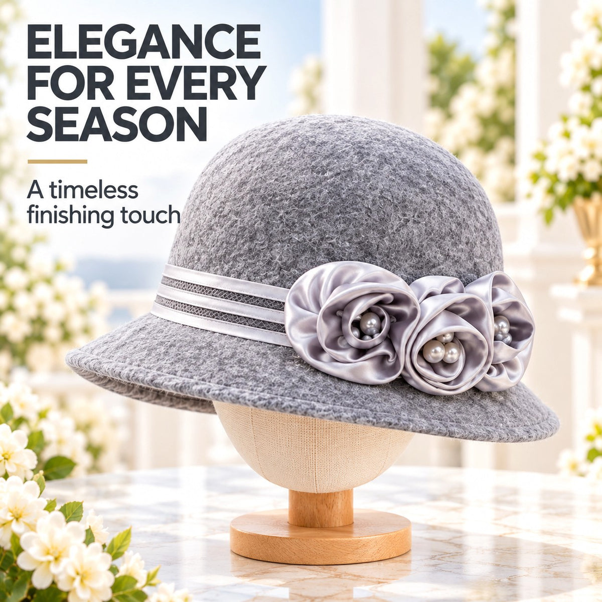 Women's Wool Church Hat with Satin Rose Blossoms & Pearl Details | Elegant Autumn Winter Formal Hat