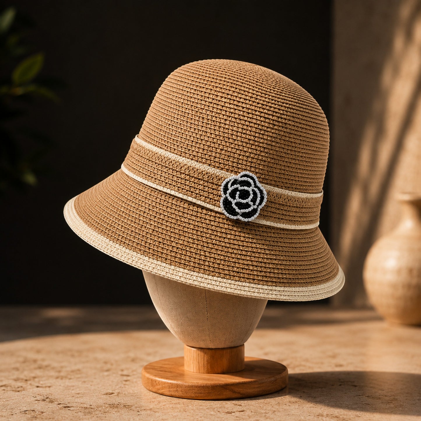 Women's Floral Accent Straw Sun Hat – Elegant Wide Brim Summer Beach Hat for Vacation, Travel, Garden & Resort Wear