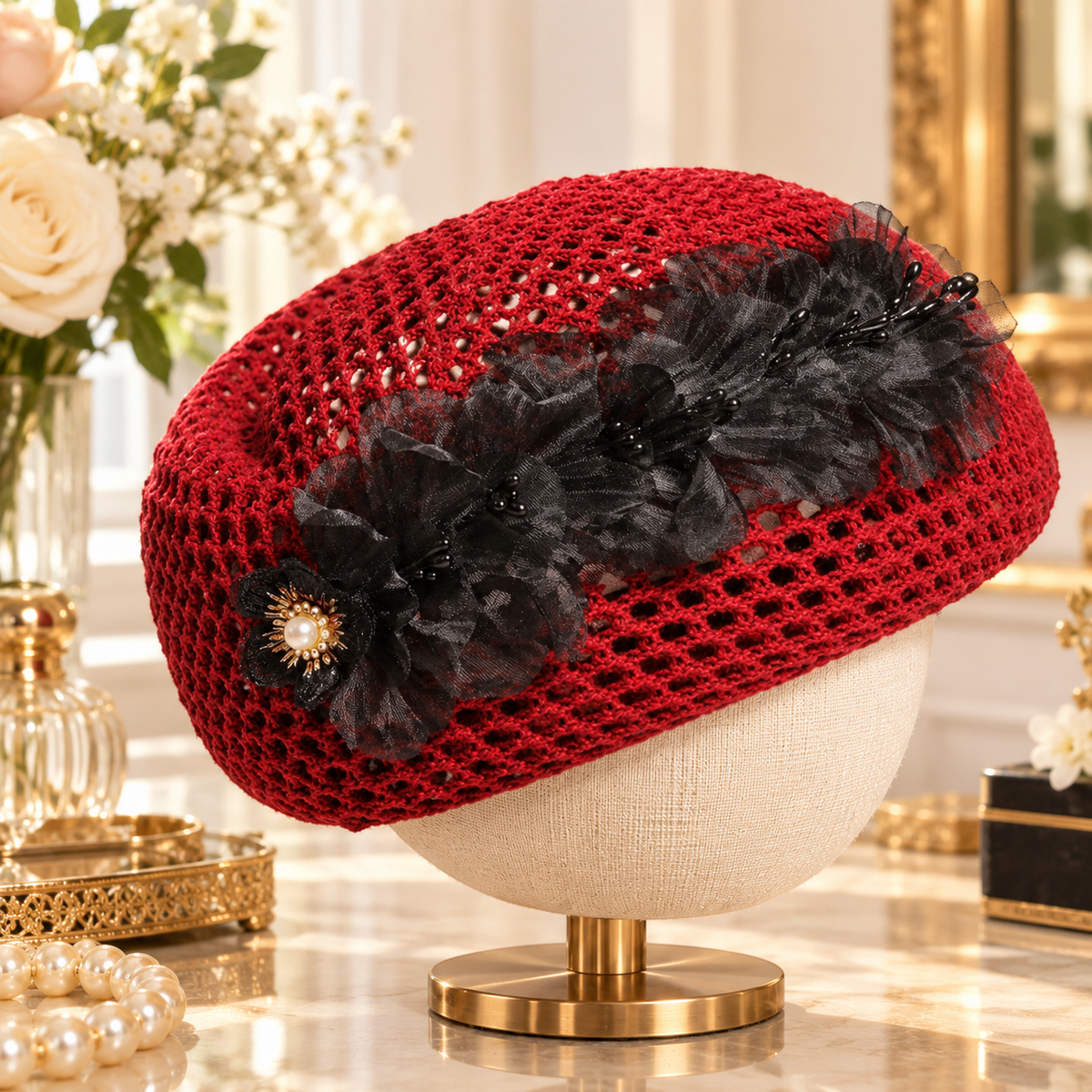Vintage Floral Crochet Pillbox Hat for Women, Elegant Flower Headpiece, Romantic Wedding Tea Party & Special Occasion Hat