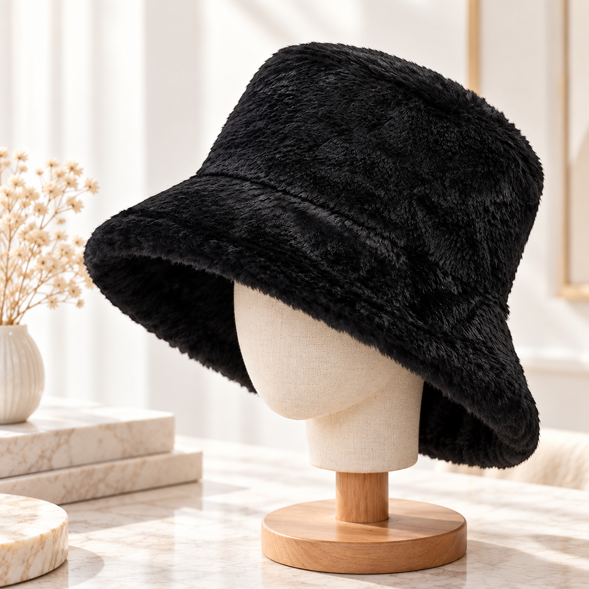 Faux Fur Bucket Hat for Women, Plush Winter Fuzzy Hat with Wide Brim & Adjustable Chin Cord, Cozy Korean-Inspired Cold Weather Hat