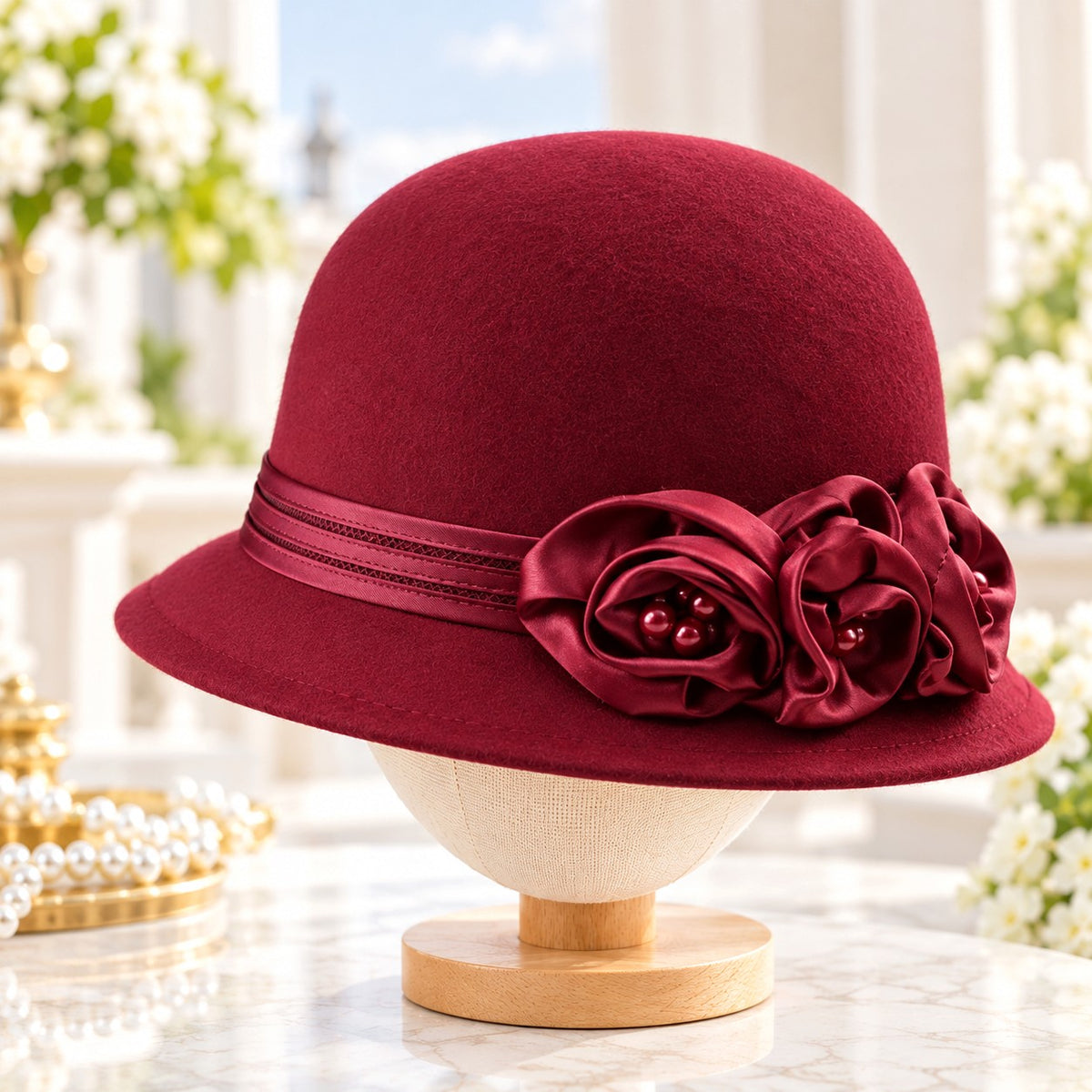 Women's Wool Church Hat with Satin Rose Blossoms & Pearl Details | Elegant Autumn Winter Formal Hat