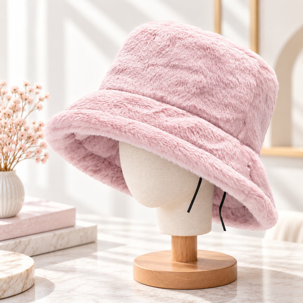 Faux Fur Bucket Hat for Women, Plush Winter Fuzzy Hat with Wide Brim & Adjustable Chin Cord, Cozy Korean-Inspired Cold Weather Hat