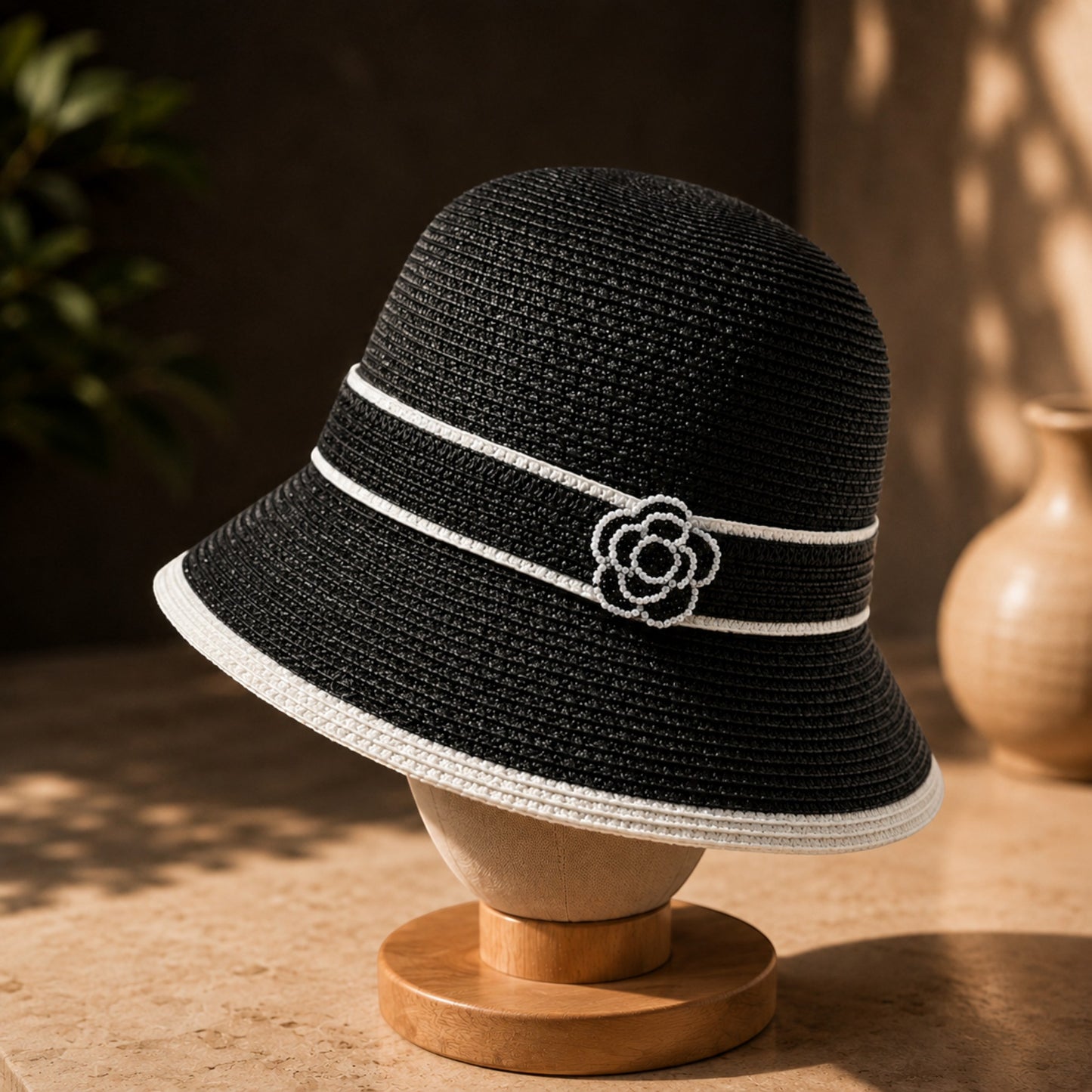 Women's Floral Accent Straw Sun Hat – Elegant Wide Brim Summer Beach Hat for Vacation, Travel, Garden & Resort Wear