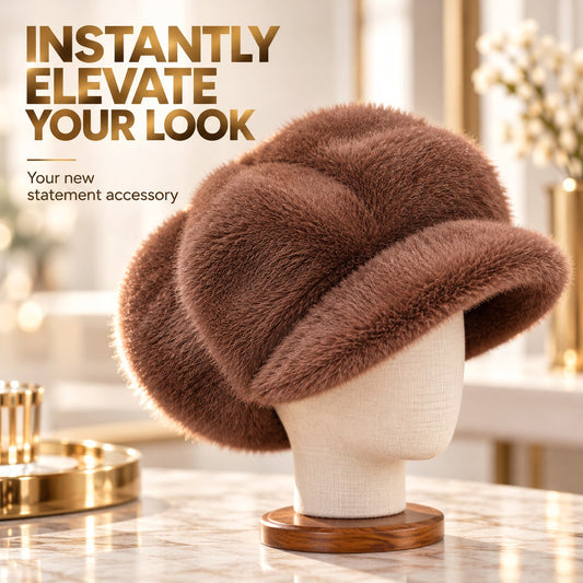 Women's Faux Fur Newsboy Hat – Plush Winter Baker Boy Cap, Chic Vintage-Inspired Fashion Hat