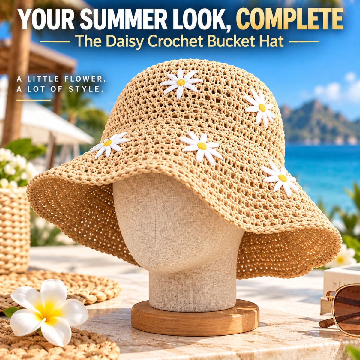Women's Daisy Crochet Bucket Hat, Beige Straw-Style Summer Sun Hat with Floral Details, Cute Beach Vacation Hat