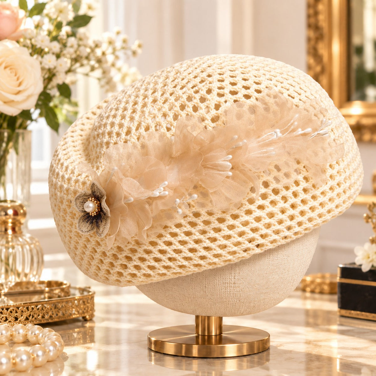 Vintage Floral Crochet Pillbox Hat for Women, Elegant Flower Headpiece, Romantic Wedding Tea Party & Special Occasion Hat