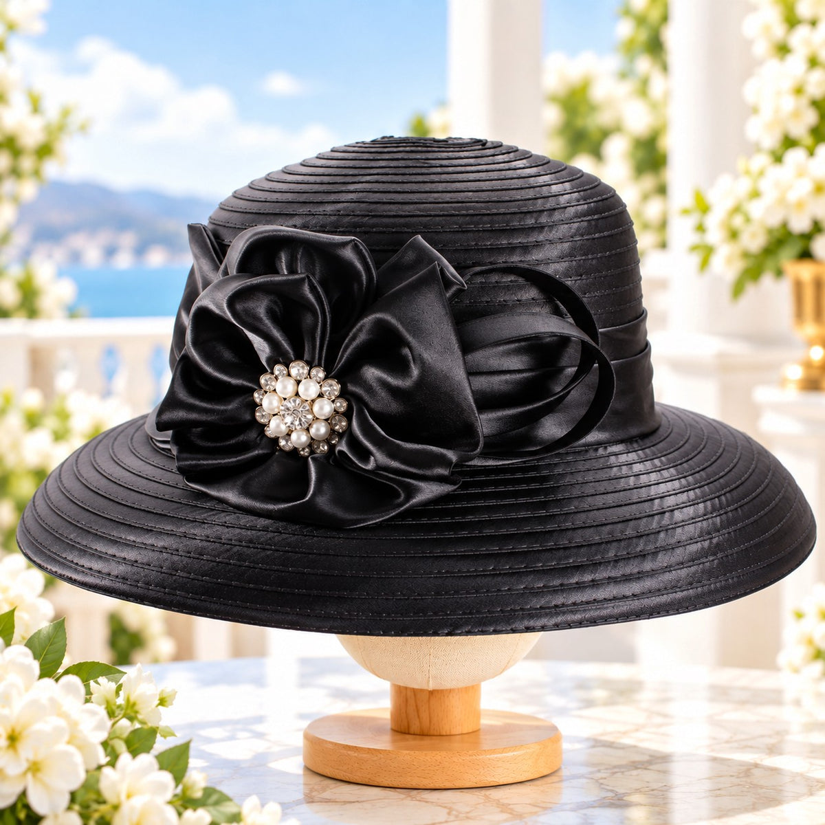 Women's Emerald Green Satin Church Hat with Crystal Ribbon Bow – Elegant Derby, Wedding & Bridal Occasion Hat