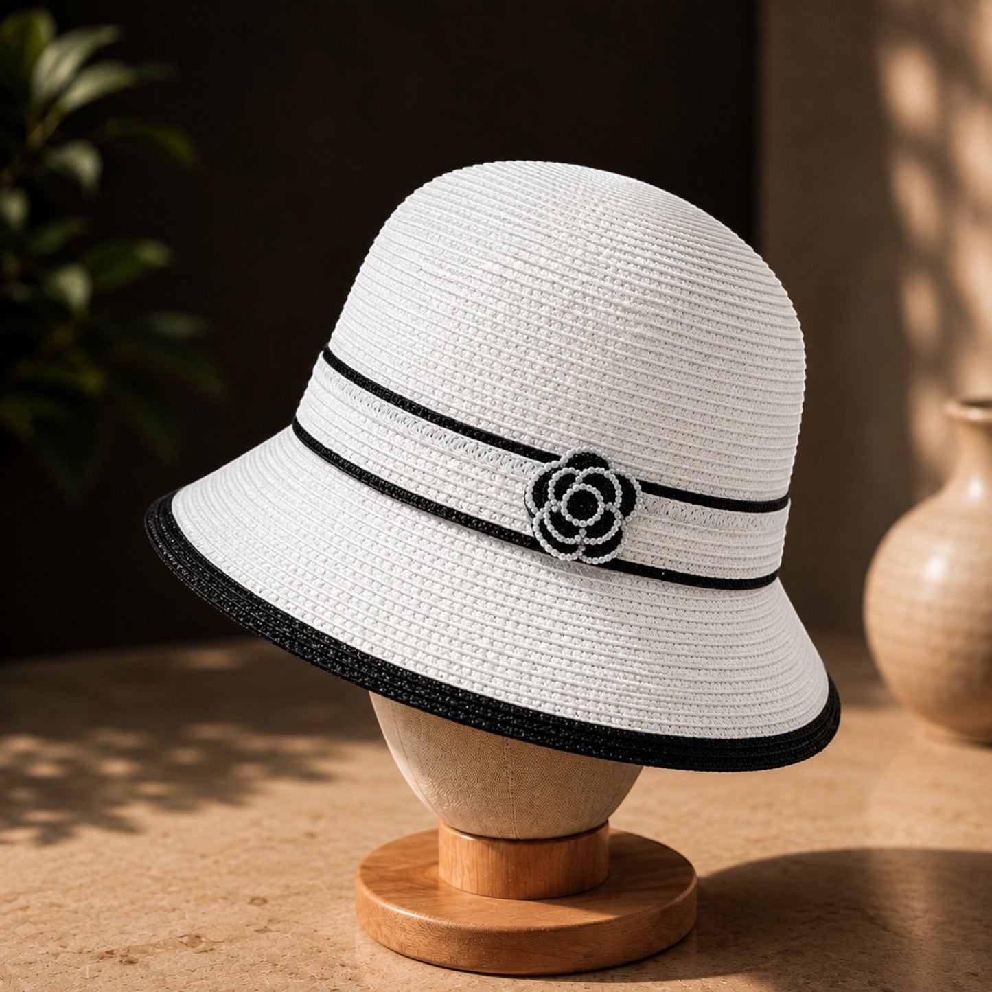 Women's Floral Accent Straw Sun Hat – Elegant Wide Brim Summer Beach Hat for Vacation, Travel, Garden & Resort Wear