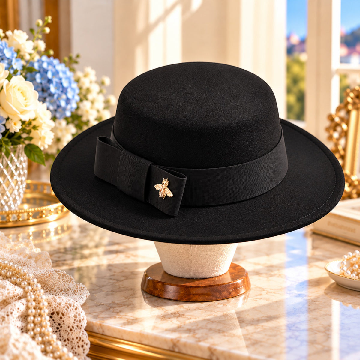 Women's Elegant Fedora Hat with Bow & Bee Ornament, Flat Top Wide Brim Formal Wedding Church Party Fashion Hat