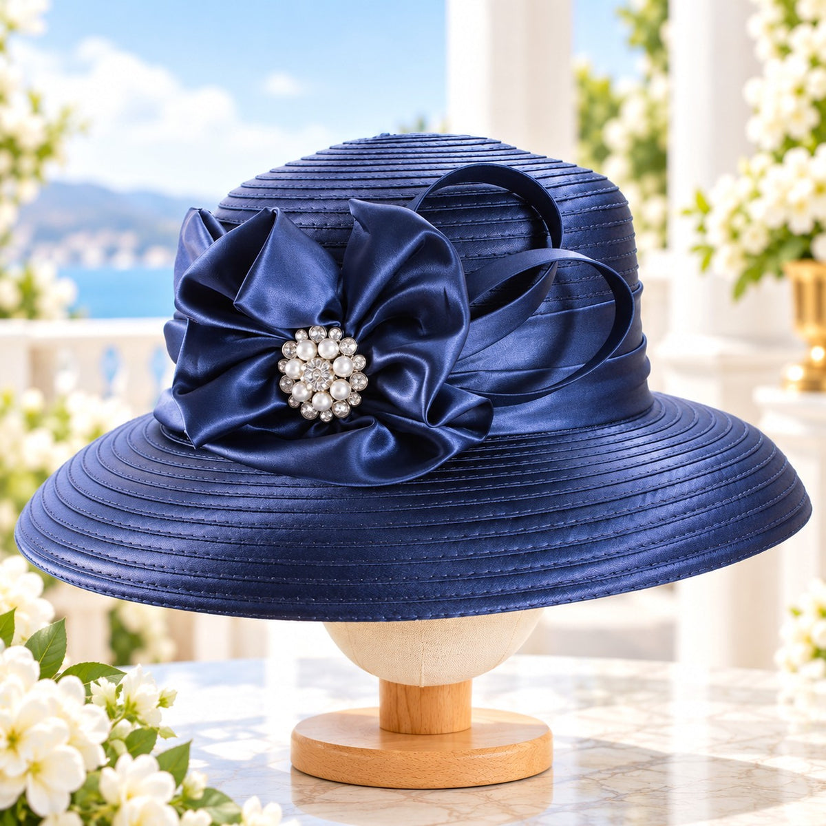 Women's Emerald Green Satin Church Hat with Crystal Ribbon Bow – Elegant Derby, Wedding & Bridal Occasion Hat