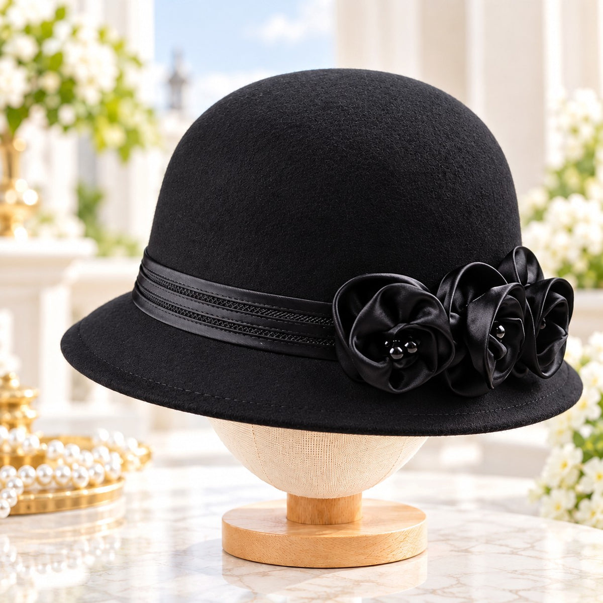 Women's Wool Church Hat with Satin Rose Blossoms & Pearl Details | Elegant Autumn Winter Formal Hat