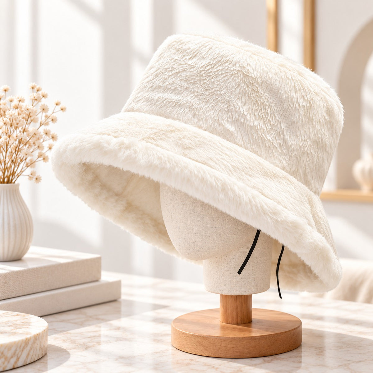 Faux Fur Bucket Hat for Women, Plush Winter Fuzzy Hat with Wide Brim & Adjustable Chin Cord, Cozy Korean-Inspired Cold Weather Hat