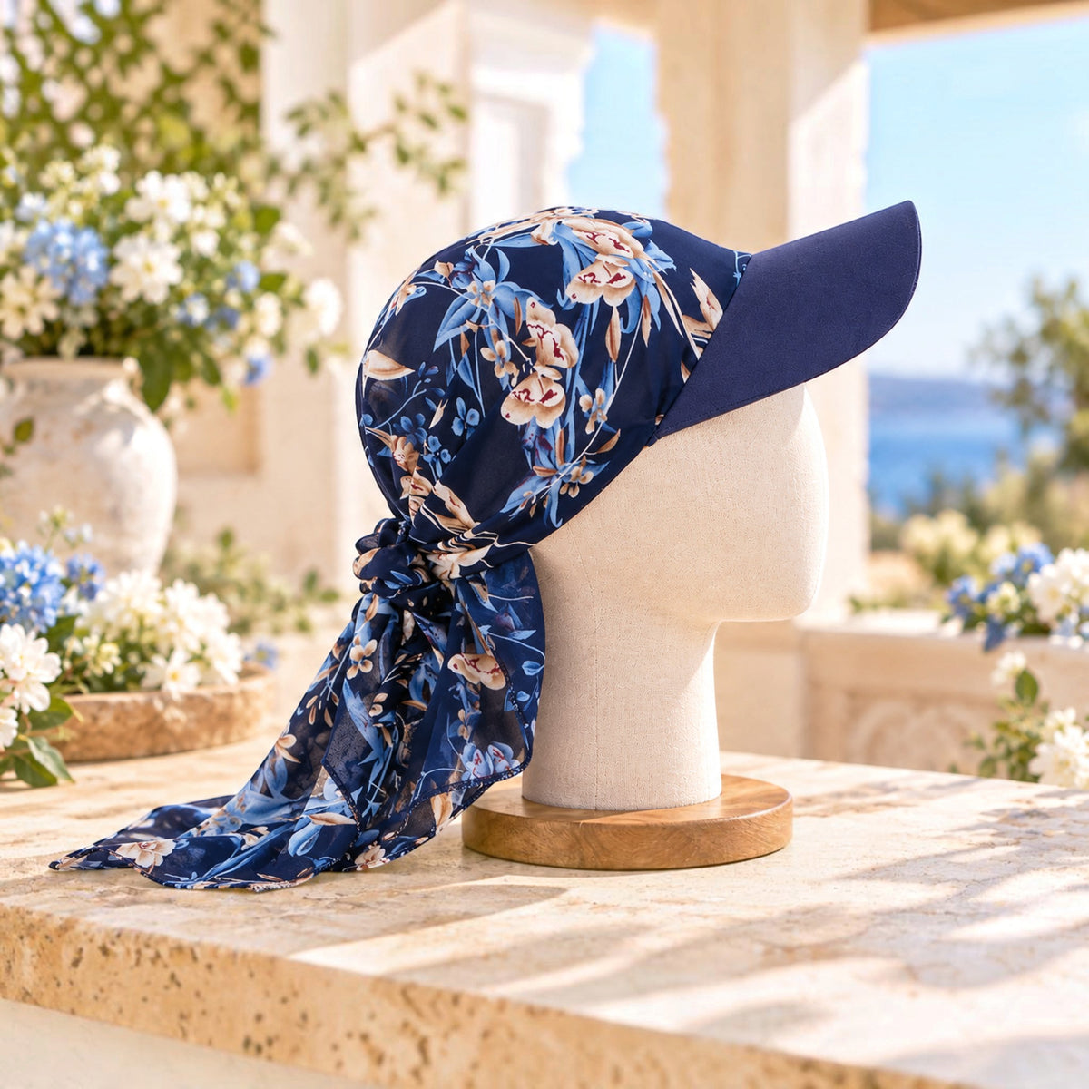 Women's Floral Print Pre-Tied Headscarf Sun Visor Hat, Lightweight Chiffon Baseball Cap with Long Scarf Tails, Chemo Head Cover