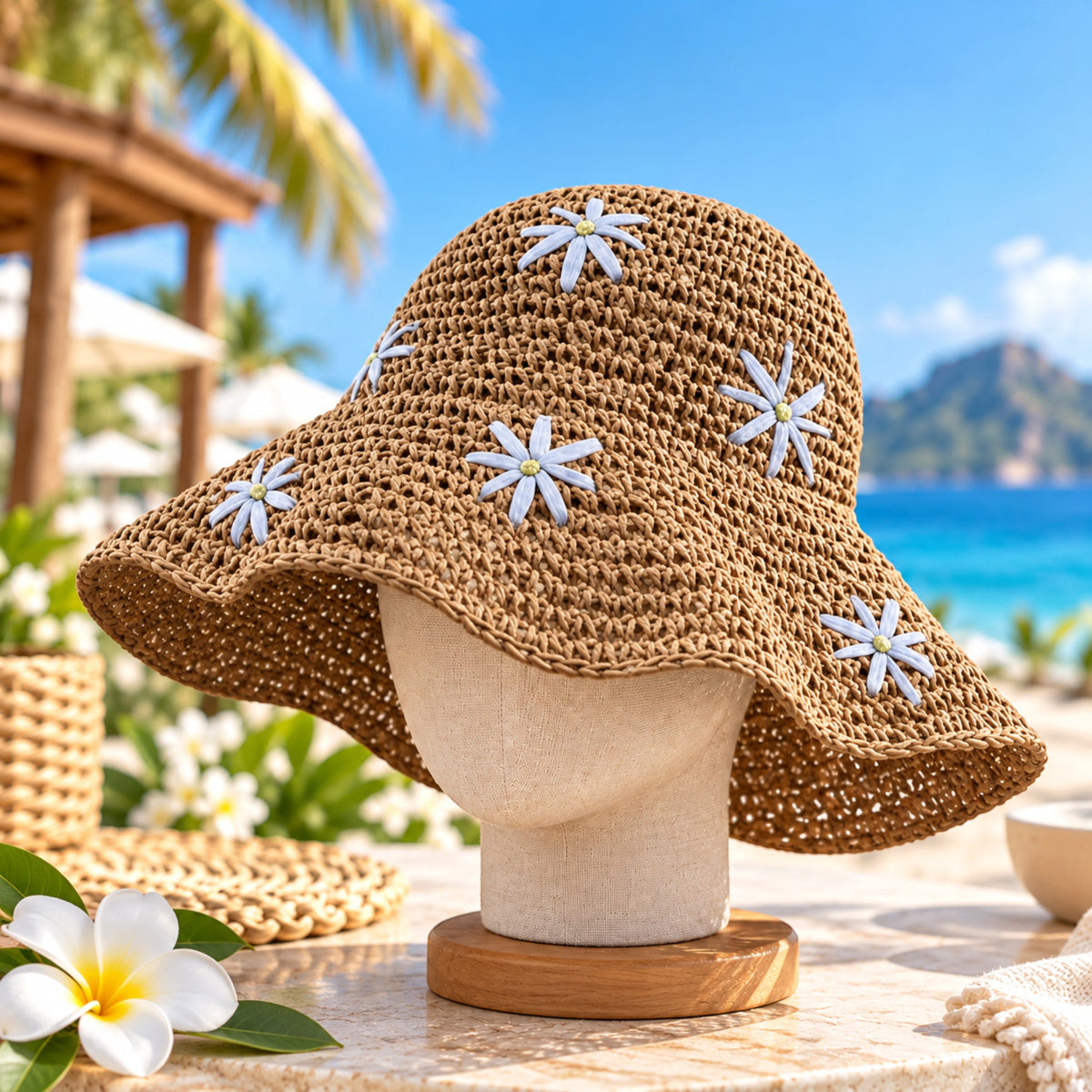 Women's Daisy Crochet Bucket Hat, Beige Straw-Style Summer Sun Hat with Floral Details, Cute Beach Vacation Hat