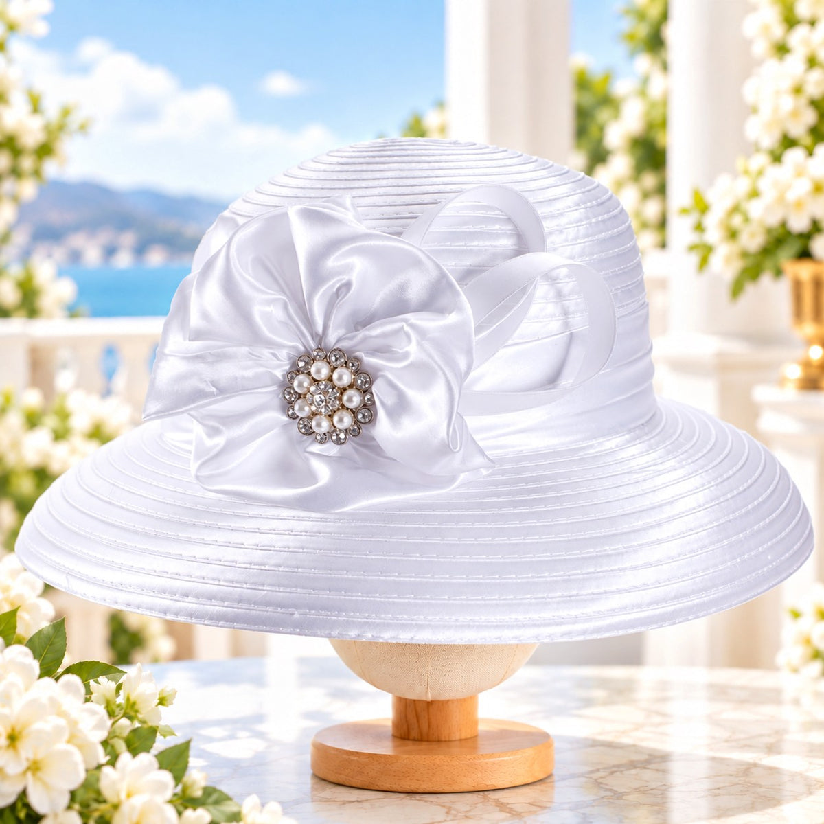 Women's Emerald Green Satin Church Hat with Crystal Ribbon Bow – Elegant Derby, Wedding & Bridal Occasion Hat