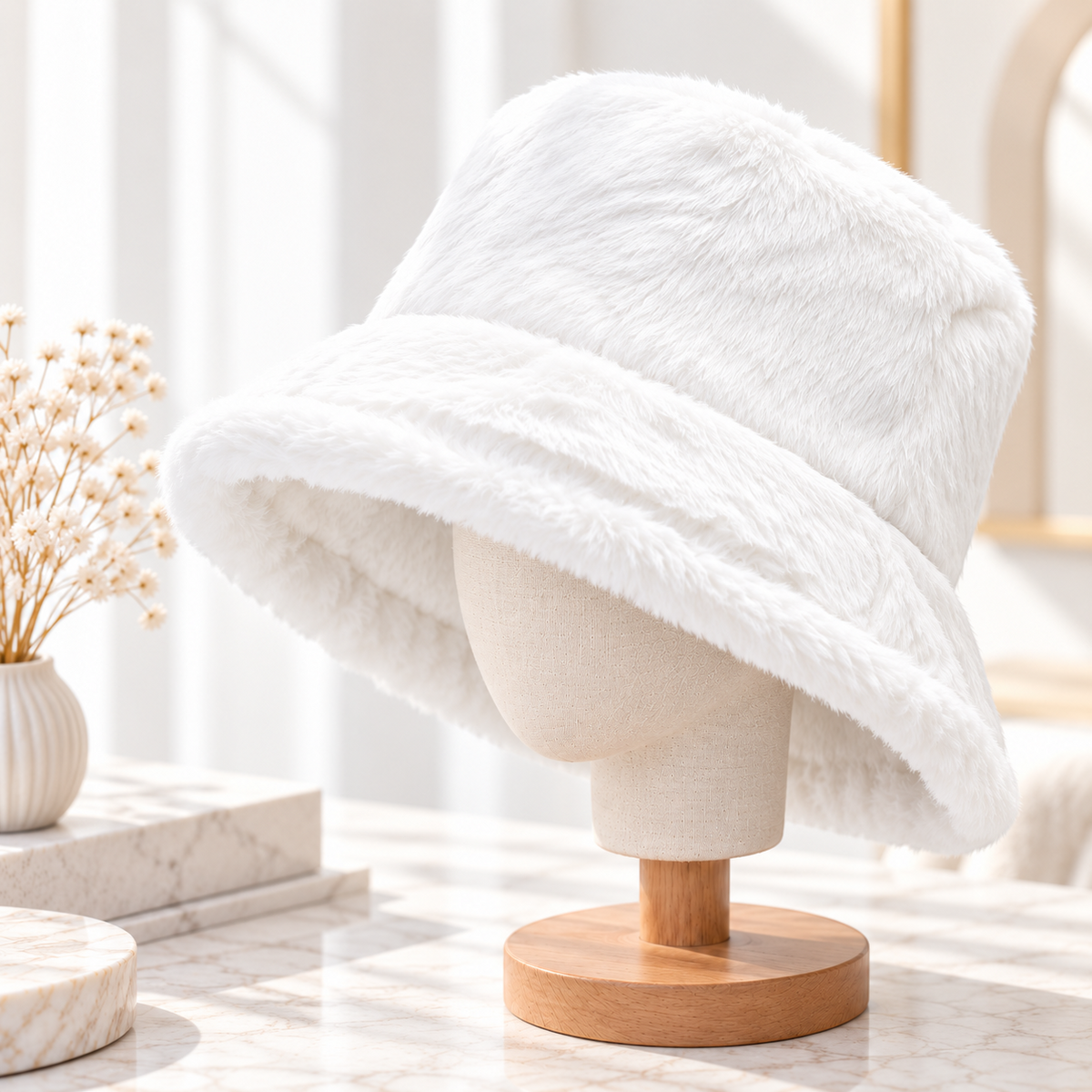 Faux Fur Bucket Hat for Women, Plush Winter Fuzzy Hat with Wide Brim & Adjustable Chin Cord, Cozy Korean-Inspired Cold Weather Hat