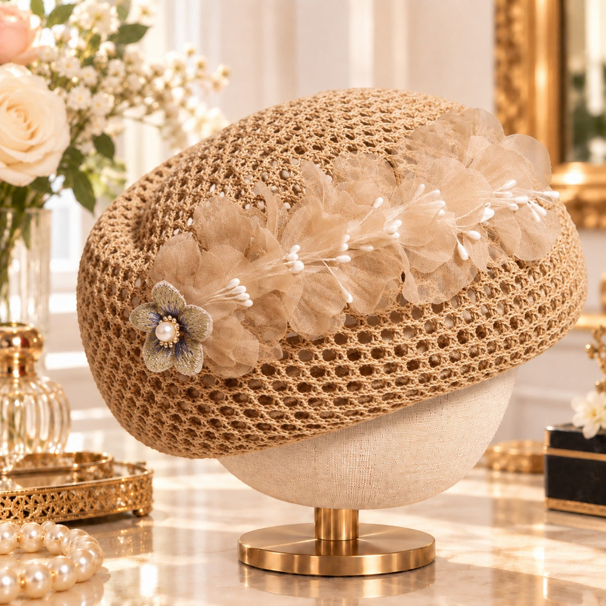 Vintage Floral Crochet Pillbox Hat for Women, Elegant Flower Headpiece, Romantic Wedding Tea Party & Special Occasion Hat